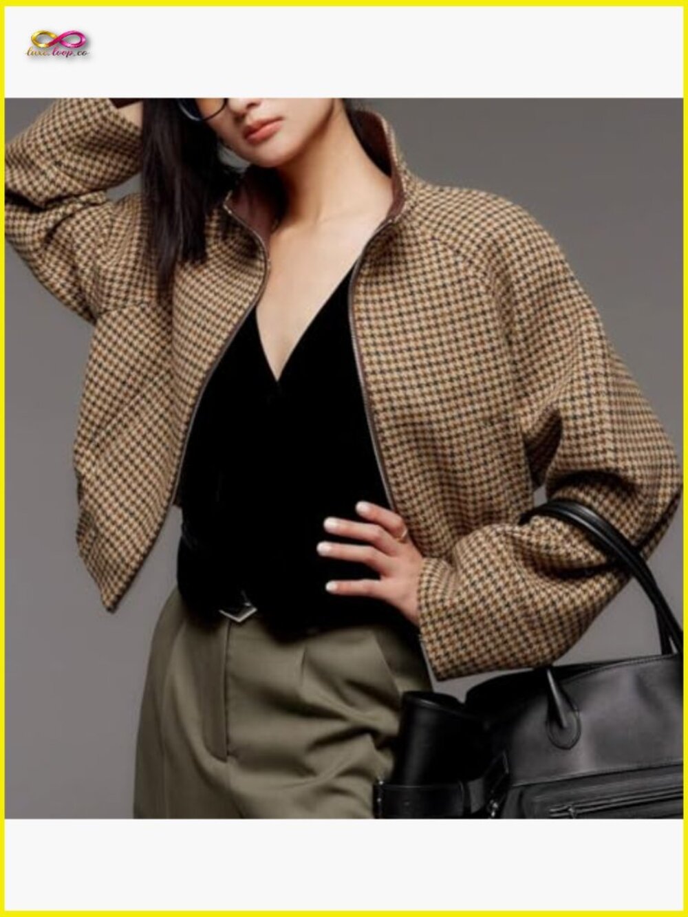 Cropped Wool Jacket Houndstooth Plaid Zip Up Bomber Peacoat Fall Winter Outwear - Picture 2 of 6